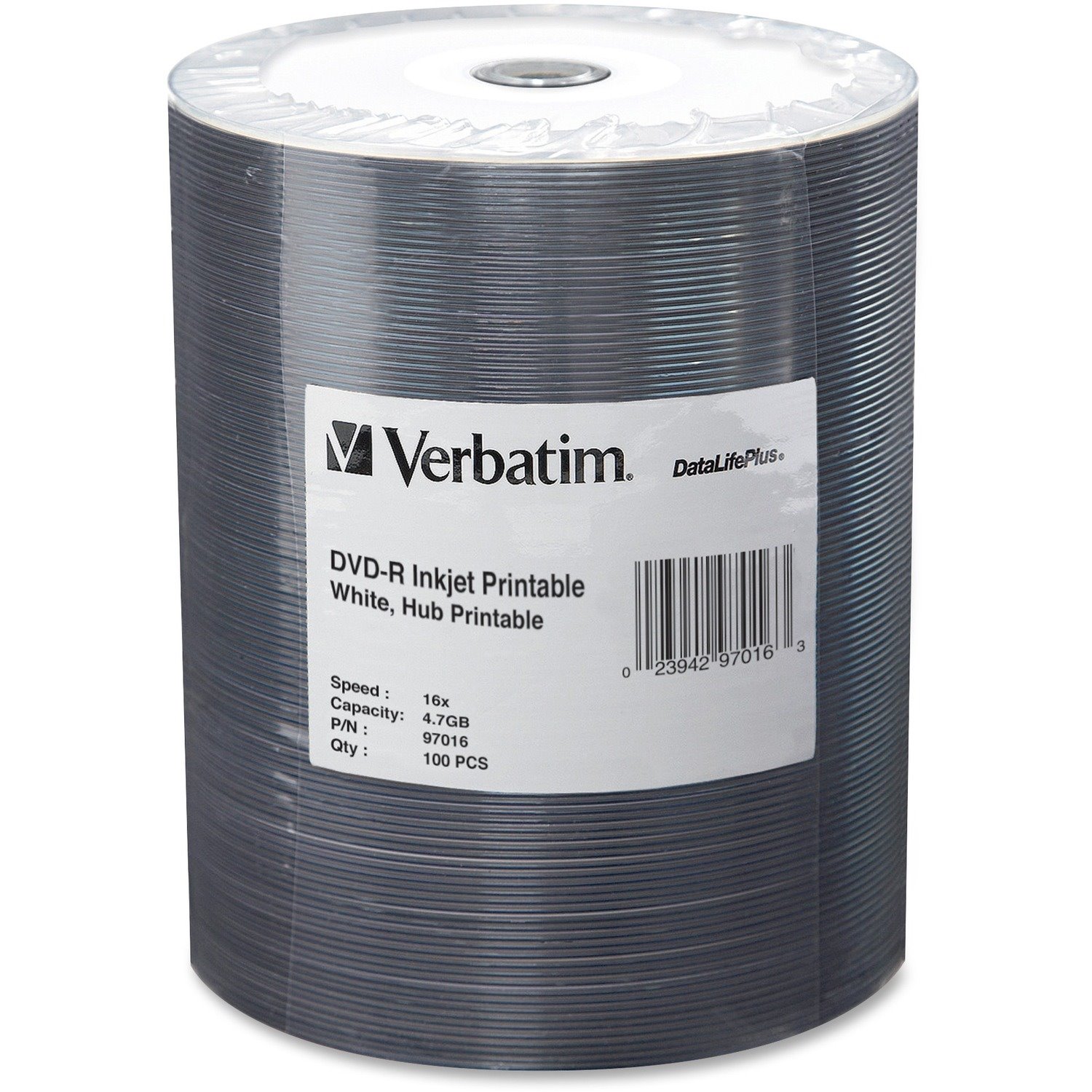 Verbatim 97016 DVD Recordable Media - DVD-R - 16x - 4.70 GB - 100 / Pack - White