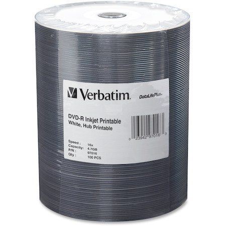 Verbatim 97016 DVD Recordable Media - DVD-R - 16x - 4.70 GB - 100 / Pack - White