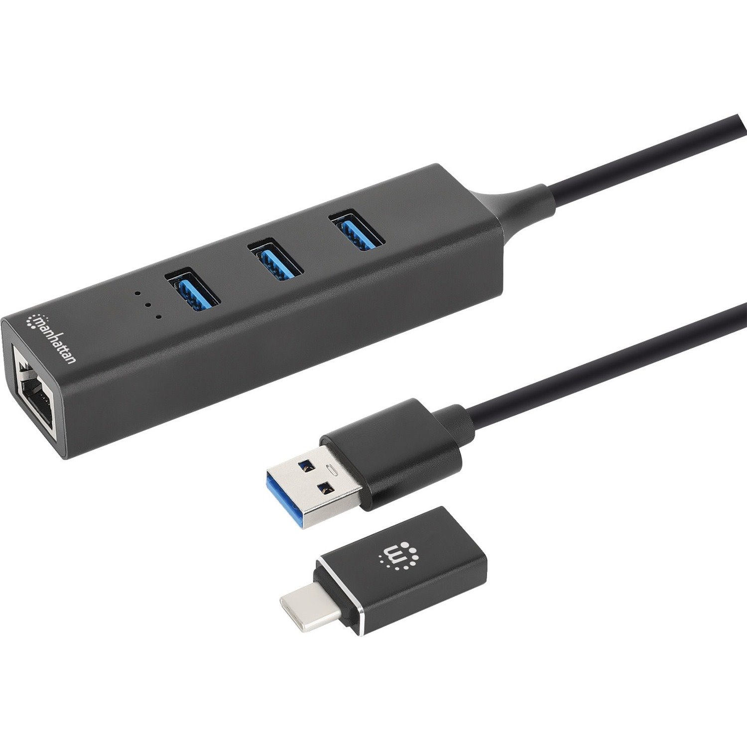 Manhattan USB/Ethernet Combo Hub - USB 3.2 Gen 1 (3.1 Gen 1) Type-A - Black