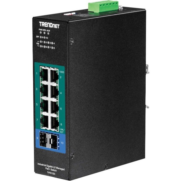 TRENDnet 10-Port Industrial Gigabit L2 Managed PoE+ DIN-Rail Switch,8X Gigabit PoE+ Ports,2X SFP Slots,24 - 57V DC Power Input,IP30, VLAN, QoS,LACP,STP/RSTP, Bandwidth Management, Black, TI-PG102i-M