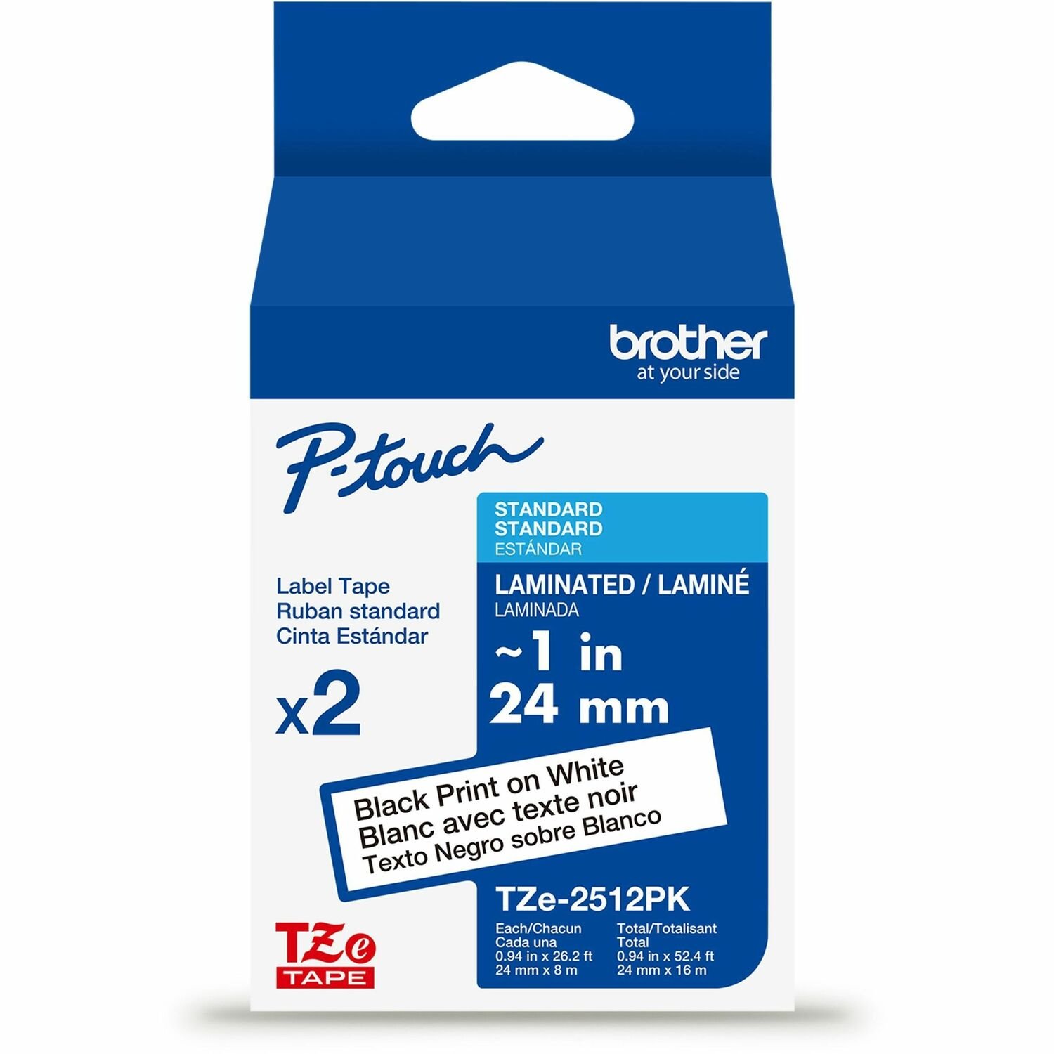 Brother Genuine P-touch TZe2512PK BK on WHT Label Tapes, Laminated, 24mmX8m each