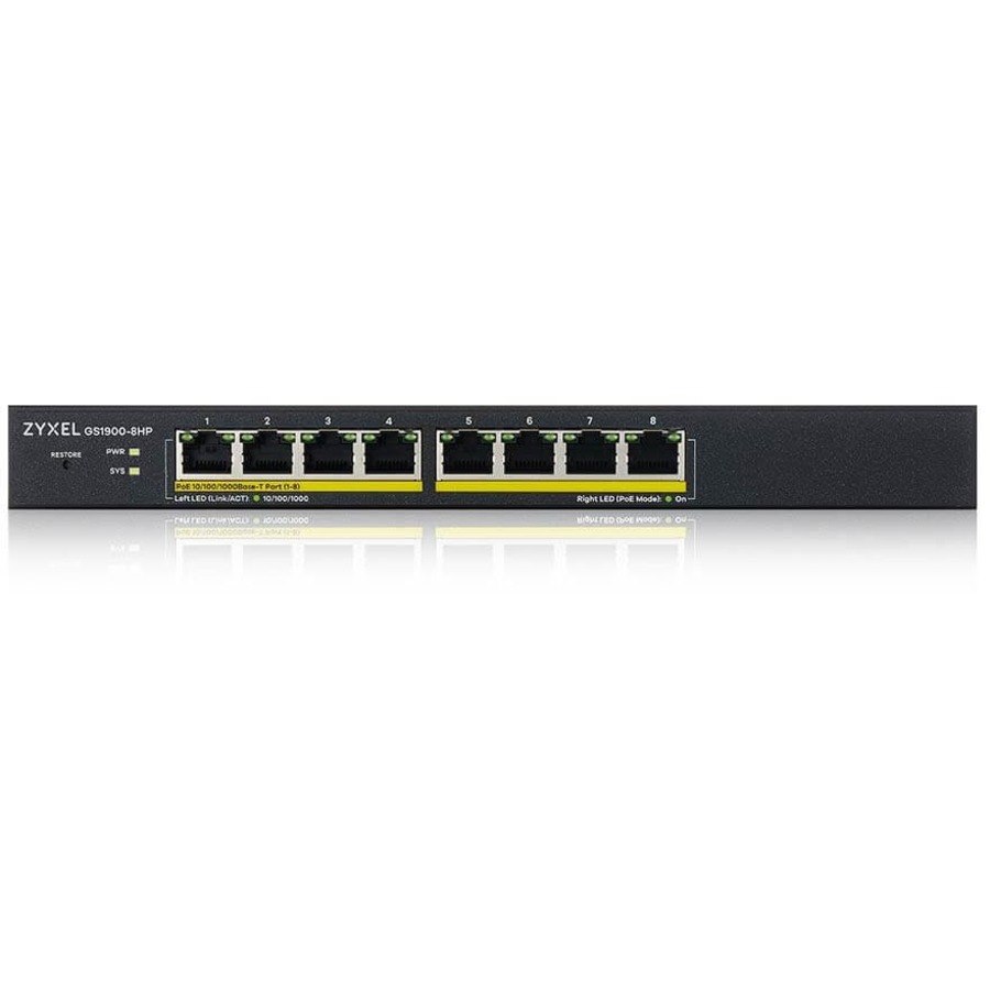 ZYXEL GS1900-8HP REV 03F 8-Port Gigabit Smart Managed PoE Switch | 8 PoE+ Ports at 77W | Fanless | TAA Compliant