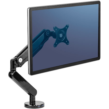 Fellowes Platinum Series High Quality Single Monitor Arm for 40-Inch Monitors, Full Motion, 360° Rotation, VESA Mount with Grommet or Clamp, USB Ports, Ergonomic, Black