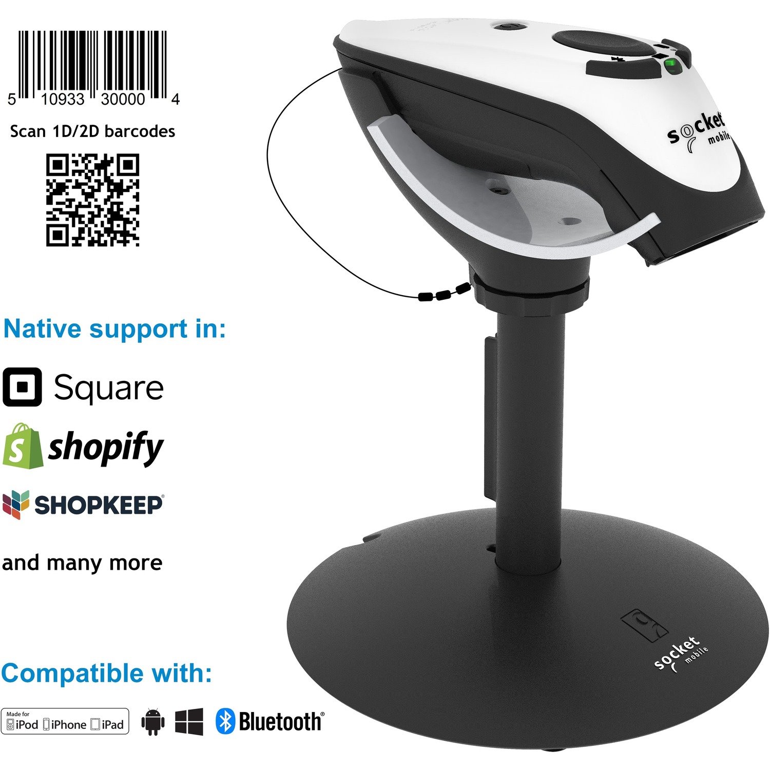 Socket Mobile DuraScan D760 Handheld Barcode Scanner - Wireless Connectivity - White