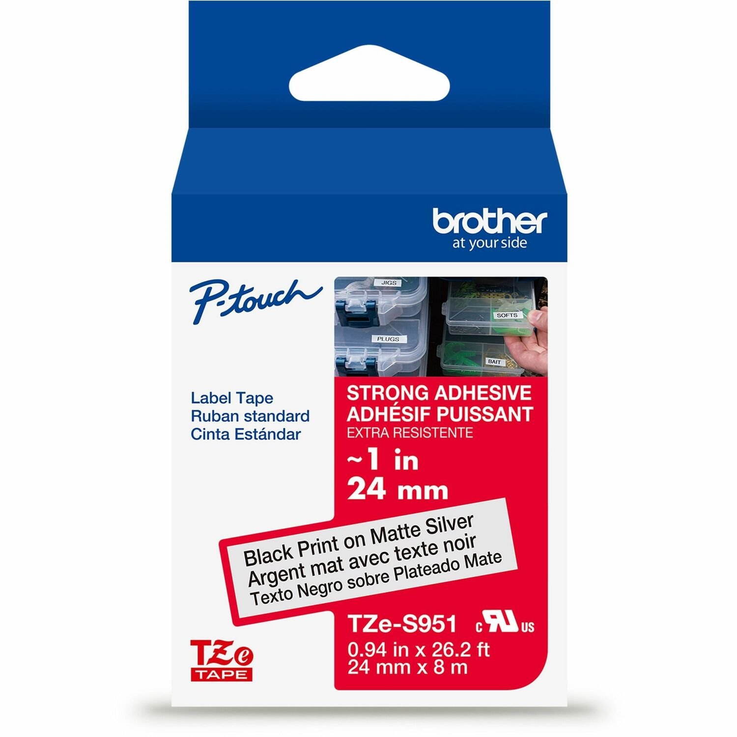 Brother Genuine P-touch TZeS951 BK on MATTE SLV Label Tape, Strong Adhesive Lam., 24mmX8m