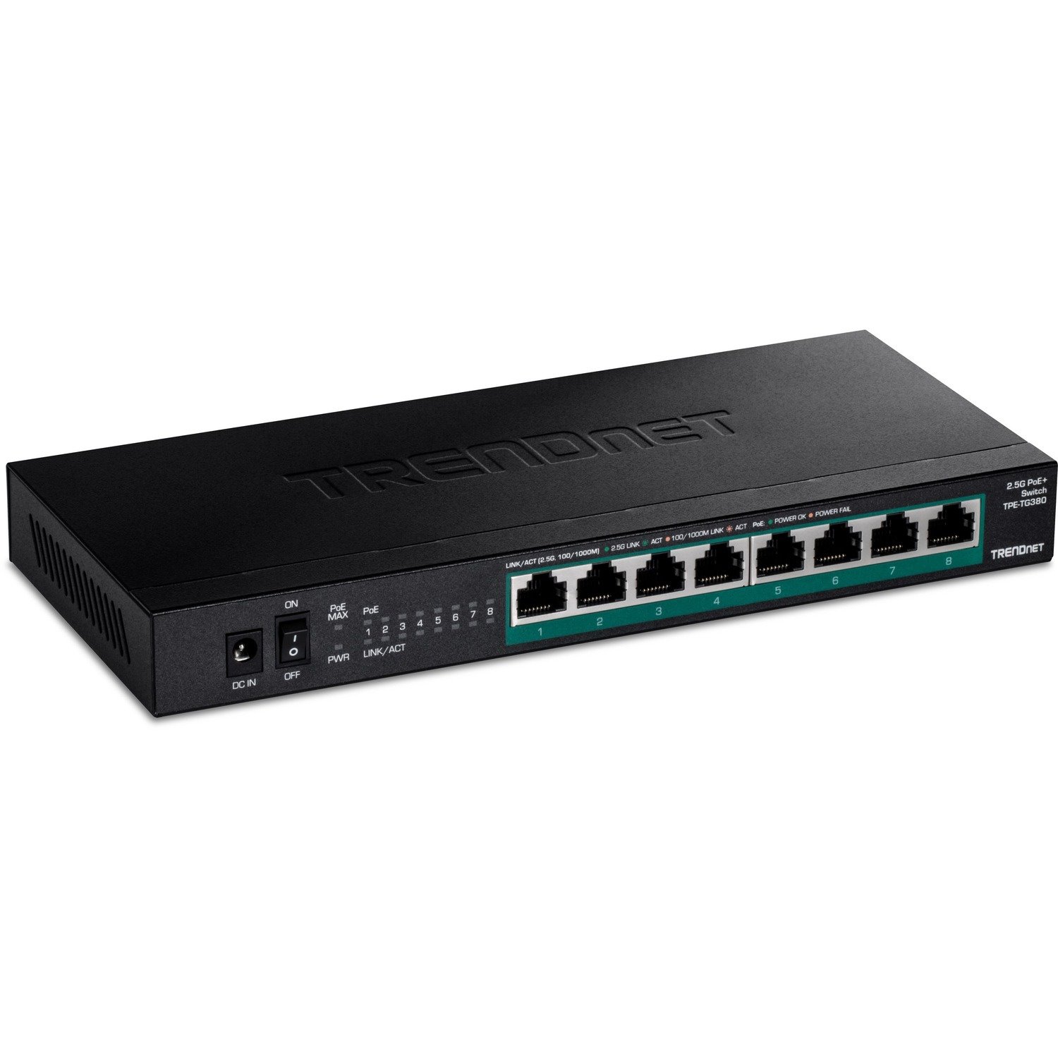 TRENDnet 8-Port Unmanaged 2.5G PoE+ Switch, Fanless, Compact Desktop Design, Metal Housing, 2.5GBASE-T Ports, IEEE 802.3bz, 100W PoE Budget, Lifetime Protection, Black, TPE-TG380