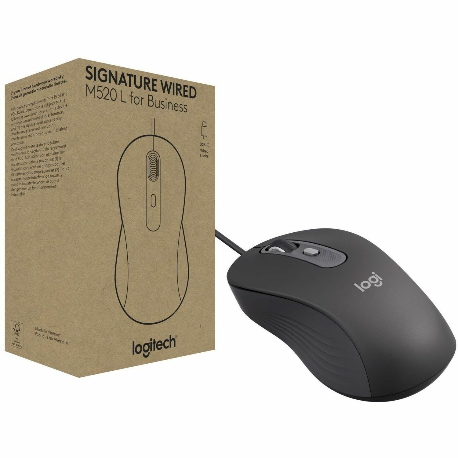 Logitech Signature Wired M520 L for Business, Optical Wired Mouse, USB-C Plug-and-Play, Graphite