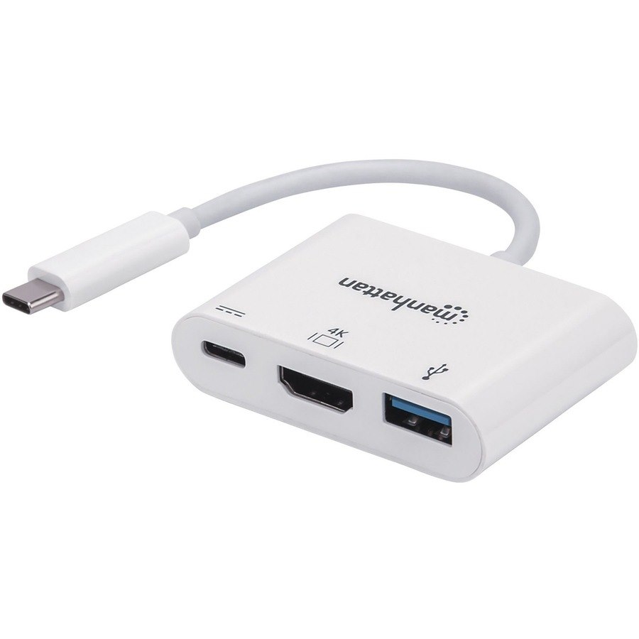 Manhattan USB-C Dock/Hub, Ports (x3): HDMI, USB-A and USB-C, With Power Delivery to USB-C Port (60W), Cable 8cm, White, Three Year Warranty, Blister