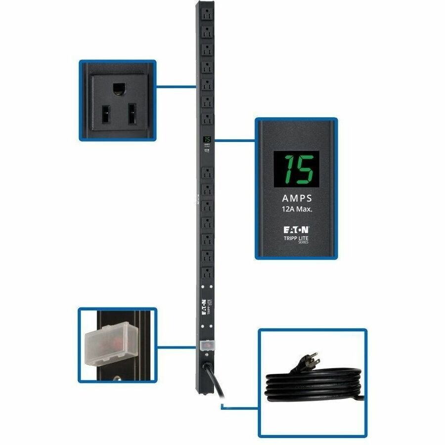 Eaton Tripp Lite Series 1.5kW Single-Phase Local Metered PDU, 100-127V Outlets (14 5-15R), 5-15P, 15 ft. (4.57 m) Cord, 0U Vertical, 36 in.