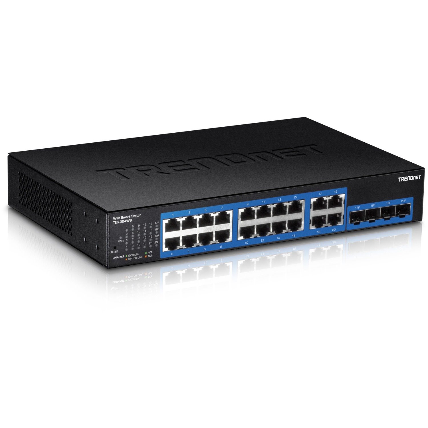 TRENDnet 20-Port Gigabit Web Smart Switch; 16 x Gigabit Ports; 4 x shared Gigabit Ports (RJ-45/SFP); VLAN; QoS; LACP; IPv6 Support; 40 Gbps Switching Capacity; Lifetime Protection; TEG-204WS