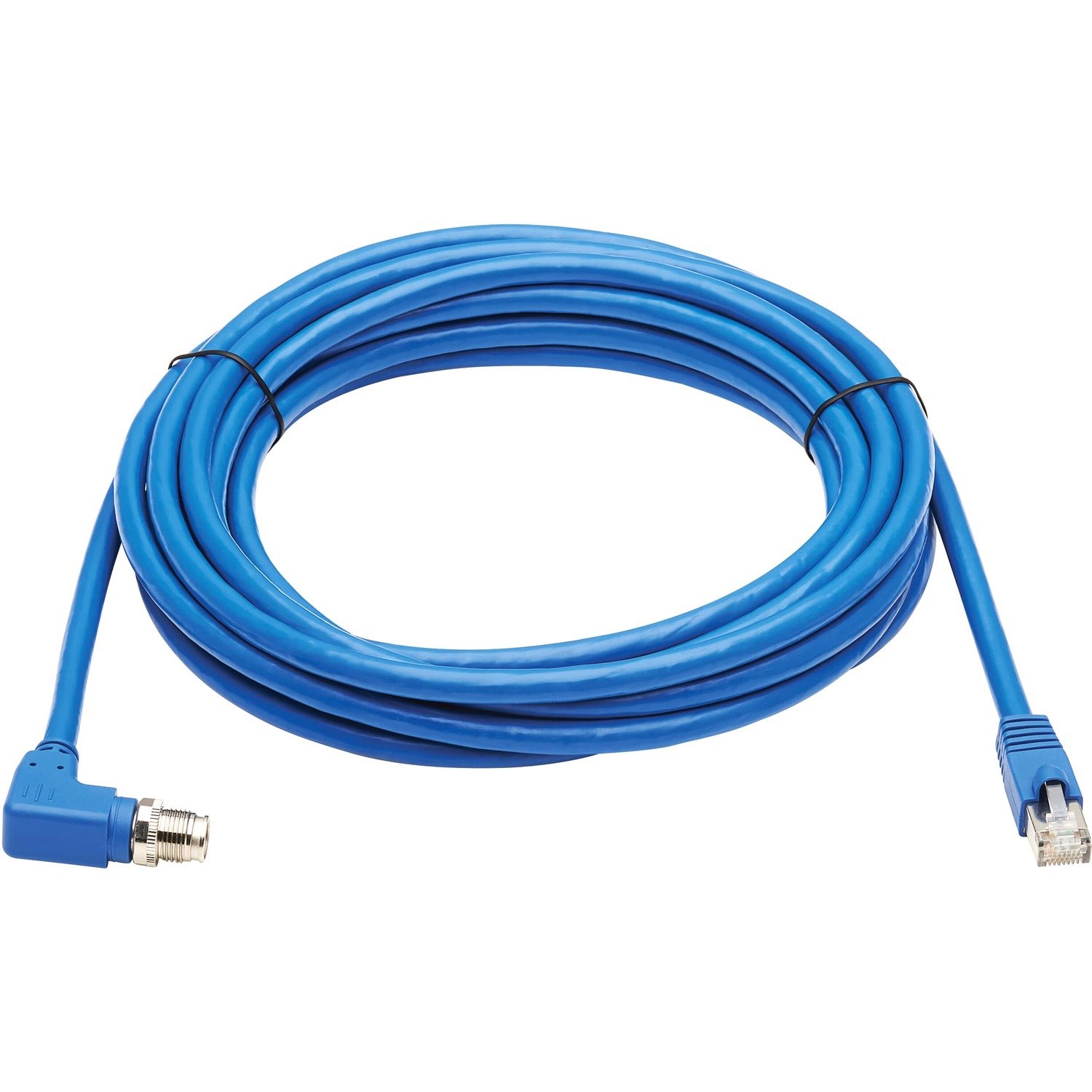 Eaton Tripp Lite Series M12 X-Code Cat6a 10G F/UTP CMR-LP Shielded Ethernet Cable (Right-Angle M12 M/RJ45 M), IP68, PoE, Blue, 5 m (16.4 ft.), TAA