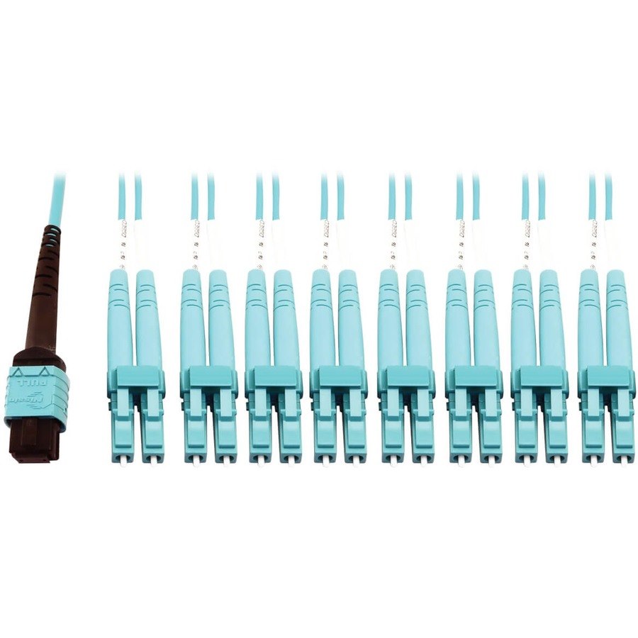 Eaton Tripp Lite Series 400G Multimode 50/125 OM4 Plenum Fiber Optic Breakout Cable, 24F MTP/MPO-PC to (x4) LC Duplex (F/M), Aqua, 1 m