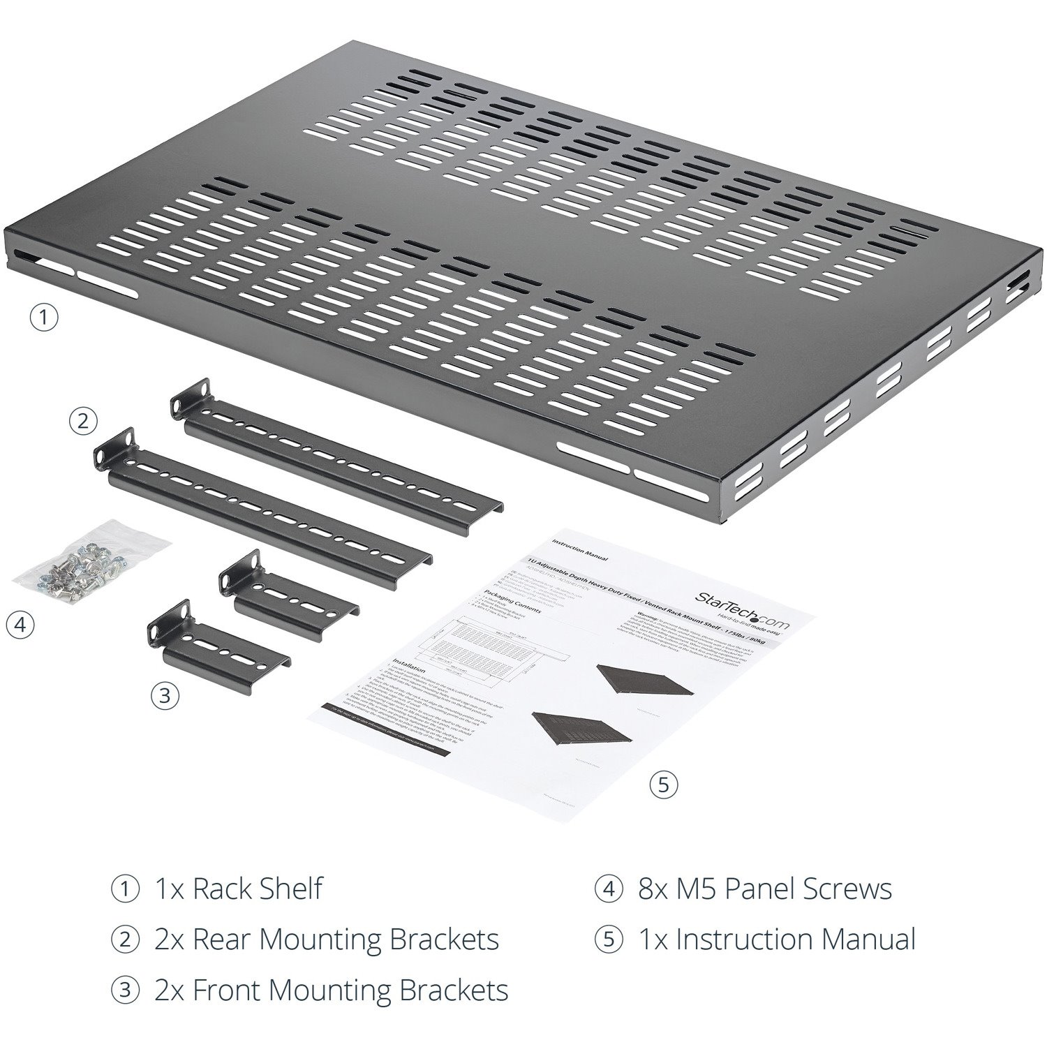 StarTech.com 1U 4-Post 19.5 to 38in Adjustable Mounting Depth Vented Rack Mount Shelf - Heavy Duty Fixed Rack Shelf - 330lbs / 150kg - 27.5in Deep