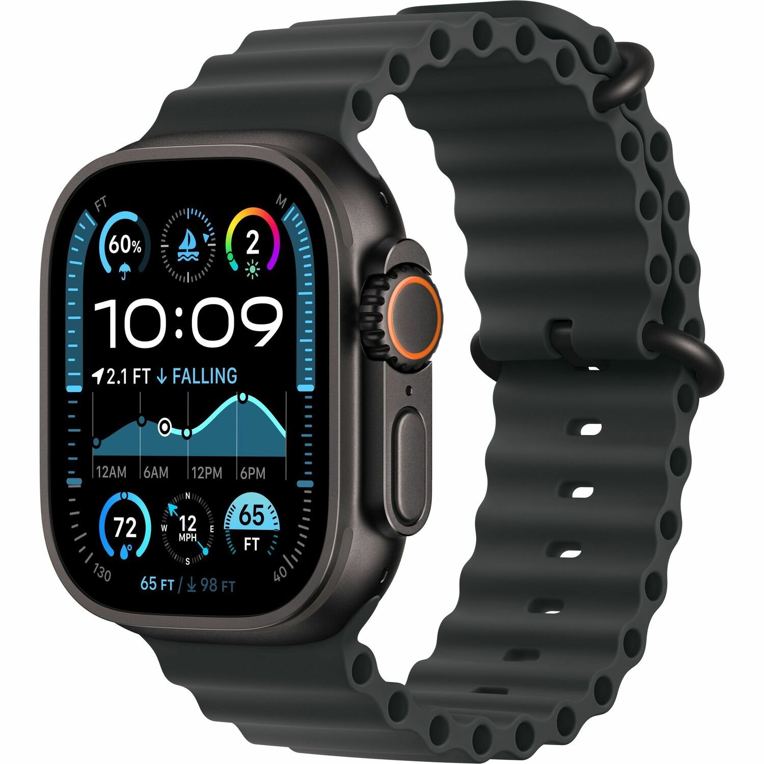 Apple Watch Ultra 2 Smart Watch - 49 mm Case Height - 44 mm Case Width - Black Case Color - Black Ocean Band Color - Glass Body Material - Titanium Case Material - Wireless LAN - LTE, UMTS