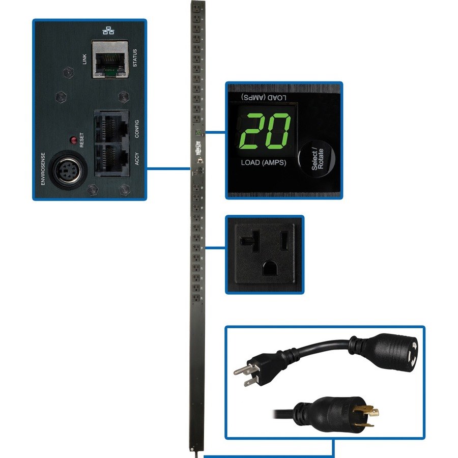 Tripp Lite by Eaton 1.9kW Single-Phase Monitored PDU, 120V Outlets (24 5-15/20R), L5-20P/5-20P Adapter, 0U Vertical, 70 in., TAA