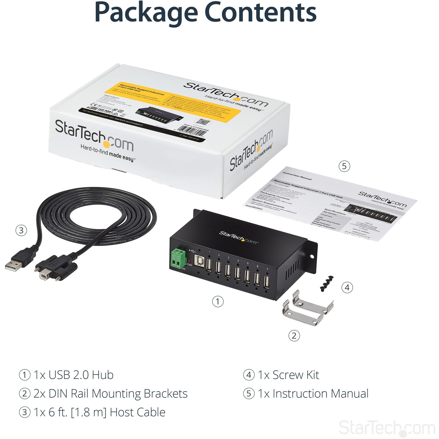 STARTECH 7 PORT USB2.0 HUB, INDUSTRIAL, METAL, ESD & SURGE PROTECTION, MOUNT, 2YR