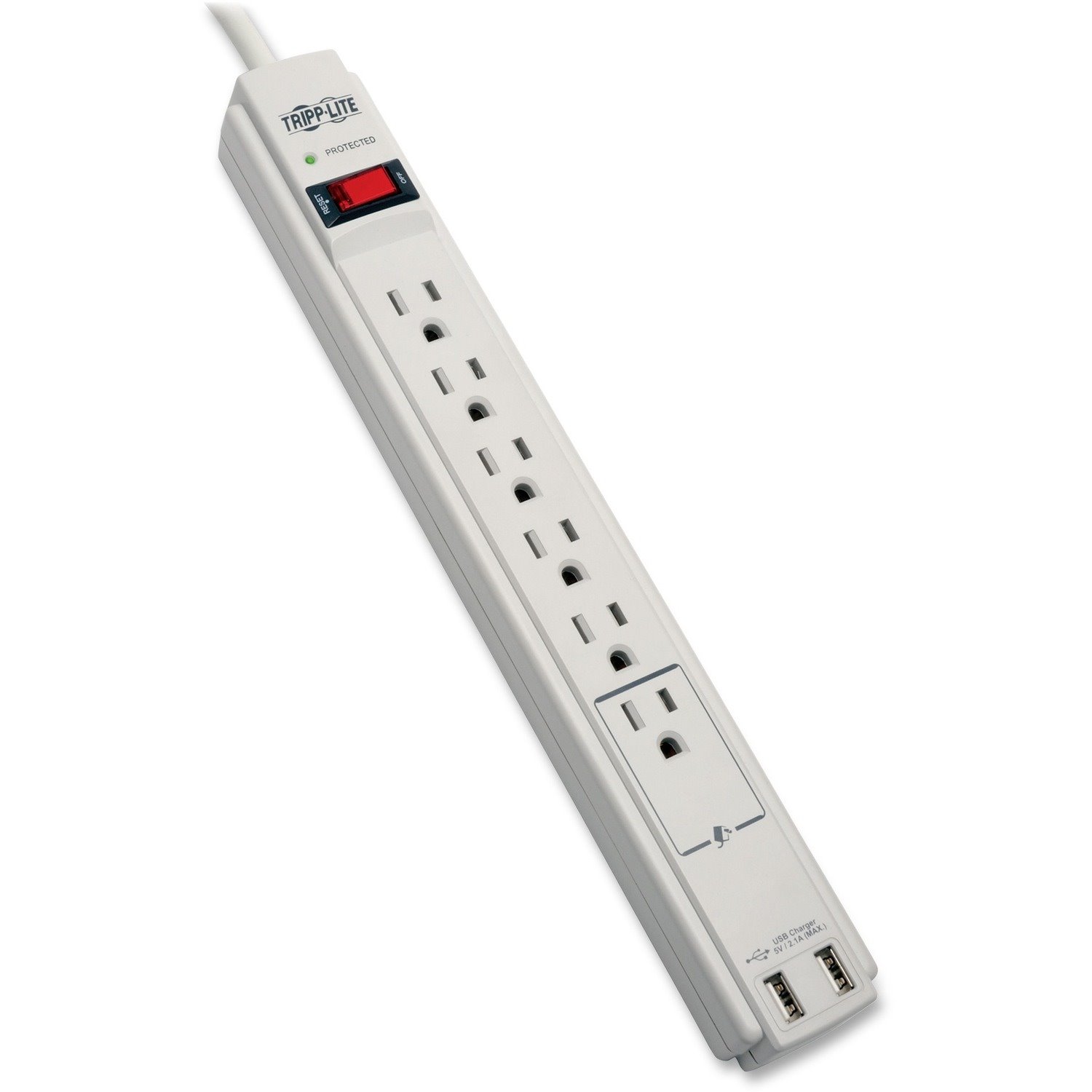 Eaton Tripp Lite Series Protect It! 6-Outlet Surge Protector, 6 ft. (1.83 m) Cord, 990 Joules, 2 x USB Charging ports (2.1A), Gray Housing