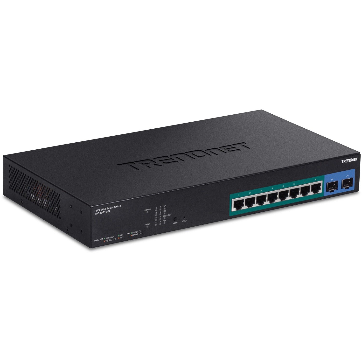 TRENDnet 10-Port Gigabit Web Smart PoE+ Switch with 8 Gigabit PoE+ Ports, 2 SFP Slots, 130W PoE Budget, VLAN, QoS, LACP, IPv4/IPv6 Static Routing, Black, TPE-1021WS