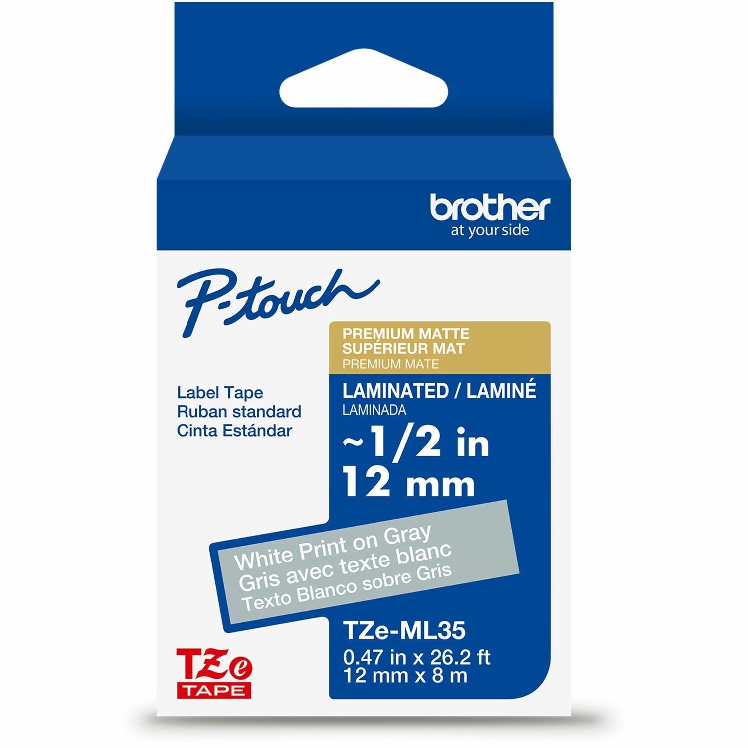 Brother Genuine P-touch TZeML35 WHT on GRY Label Tape, Premium Matte Laminated, 12mmX8m