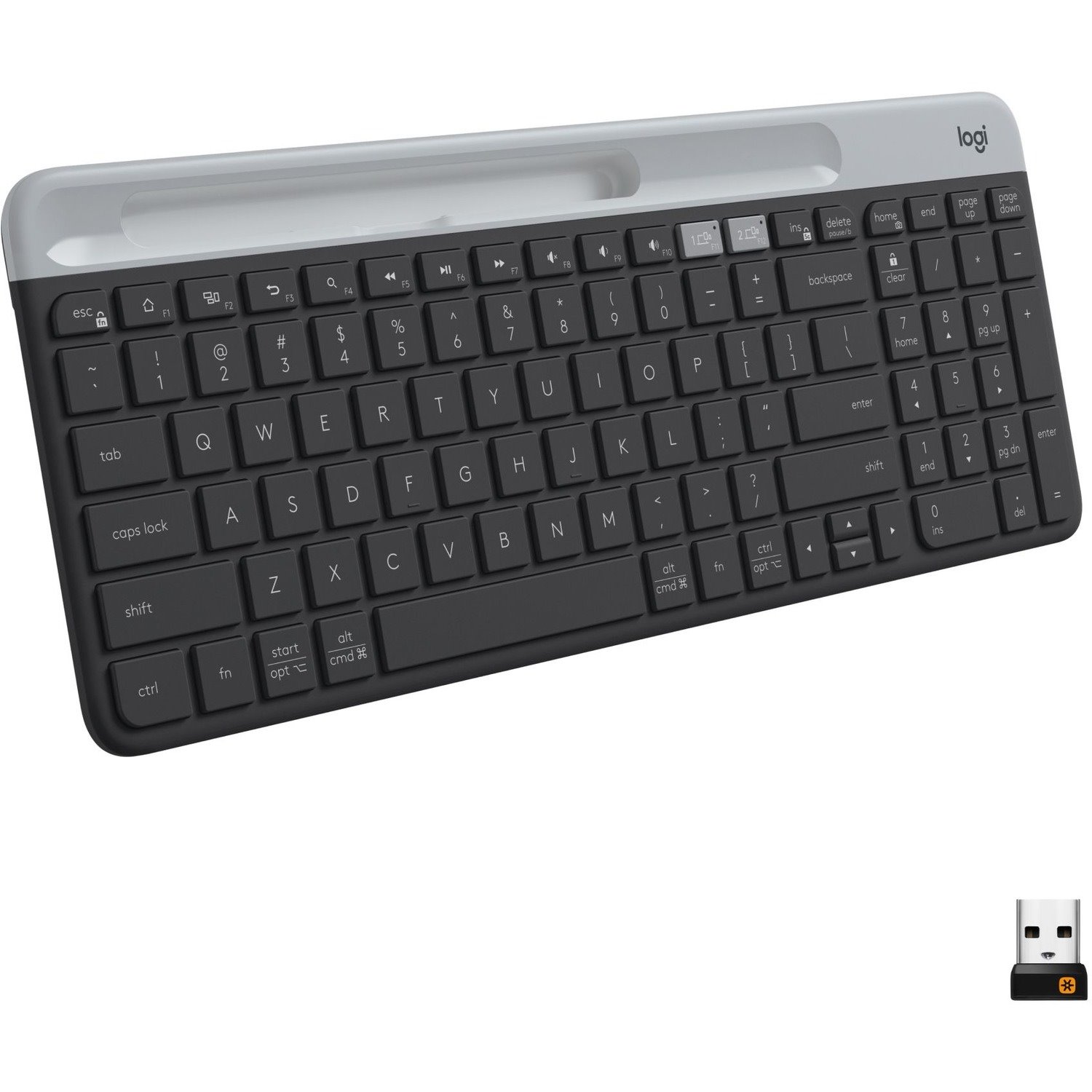 Logitech K585 Multi-Device Slim Wireless Keyboard, Built-in Cradle for device, Bluetooth/Receiver, Easy Switch, Graphite