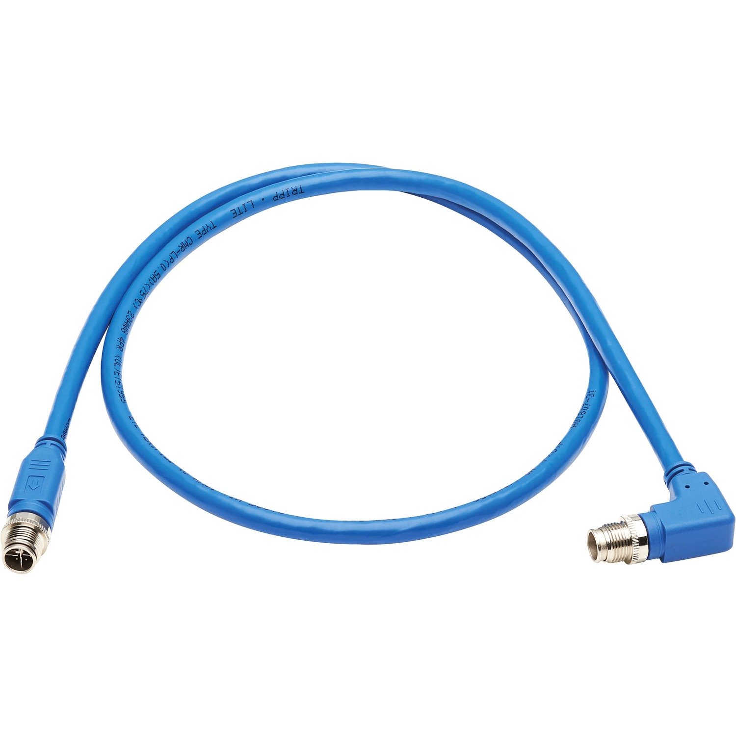 Eaton Tripp Lite Series M12 X-Code Cat6a 10G F/UTP CMR-LP Shielded Ethernet Cable (Right-Angle M/M), IP68, PoE, Blue, 2 m (6.6 ft.), TAA