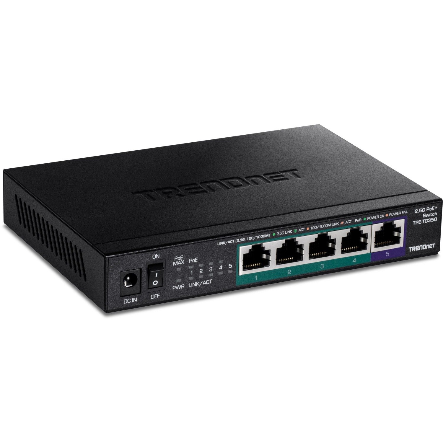 TRENDnet 5-Port Unmanaged 2.5G PoE+ Switch, Fanless, Compact Desktop Design, Metal Housing, 2.5GBASE-T Ports, IEEE 802.3bz, 55W PoE Budget, Lifetime protection, Black, TPE-TG350