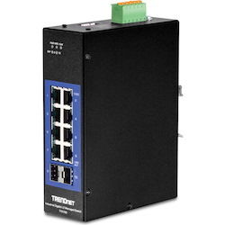 TRENDnet 10-Port Industrial Gigabit L2 Managed DIN-Rail Switch, TI-G102i, 8 X Gigabit, 2 X SFP Slots, DIN-Rail Mount, IP30, Ethernet Splitter, NDAA & TAA Compliant, Lifetime Protection, Black