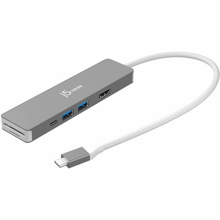 j5create Elite JCD390 USB Type C Docking Station for Memory Card Reader, Flash Drive - Charging Capability - Memory Card Reader - SD - Silver, White - Desktop