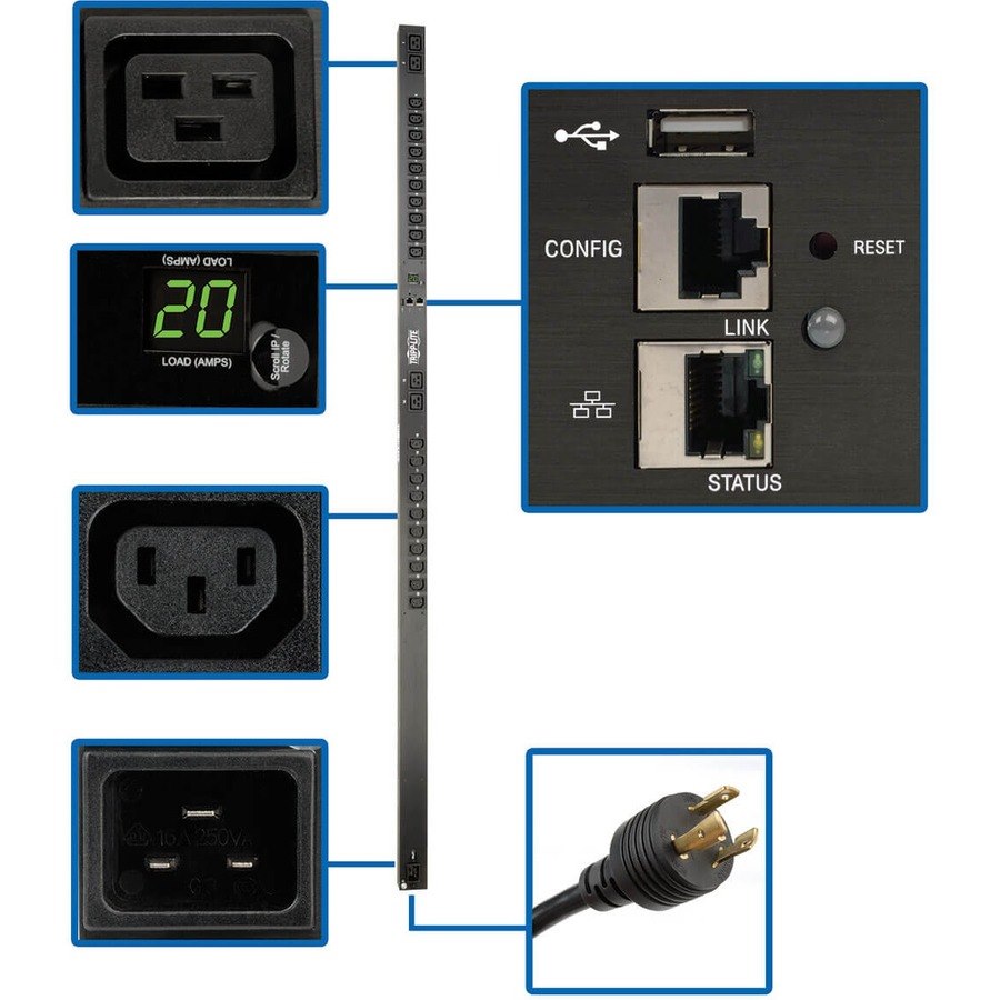 Eaton 3.7kW Single-Phase 208/230V Monitored PDU - LX Platform, 20 C13, 4 C19 Outlets, C20 Input with L6-20P Adapter, 0U 1778mm Height, TAA