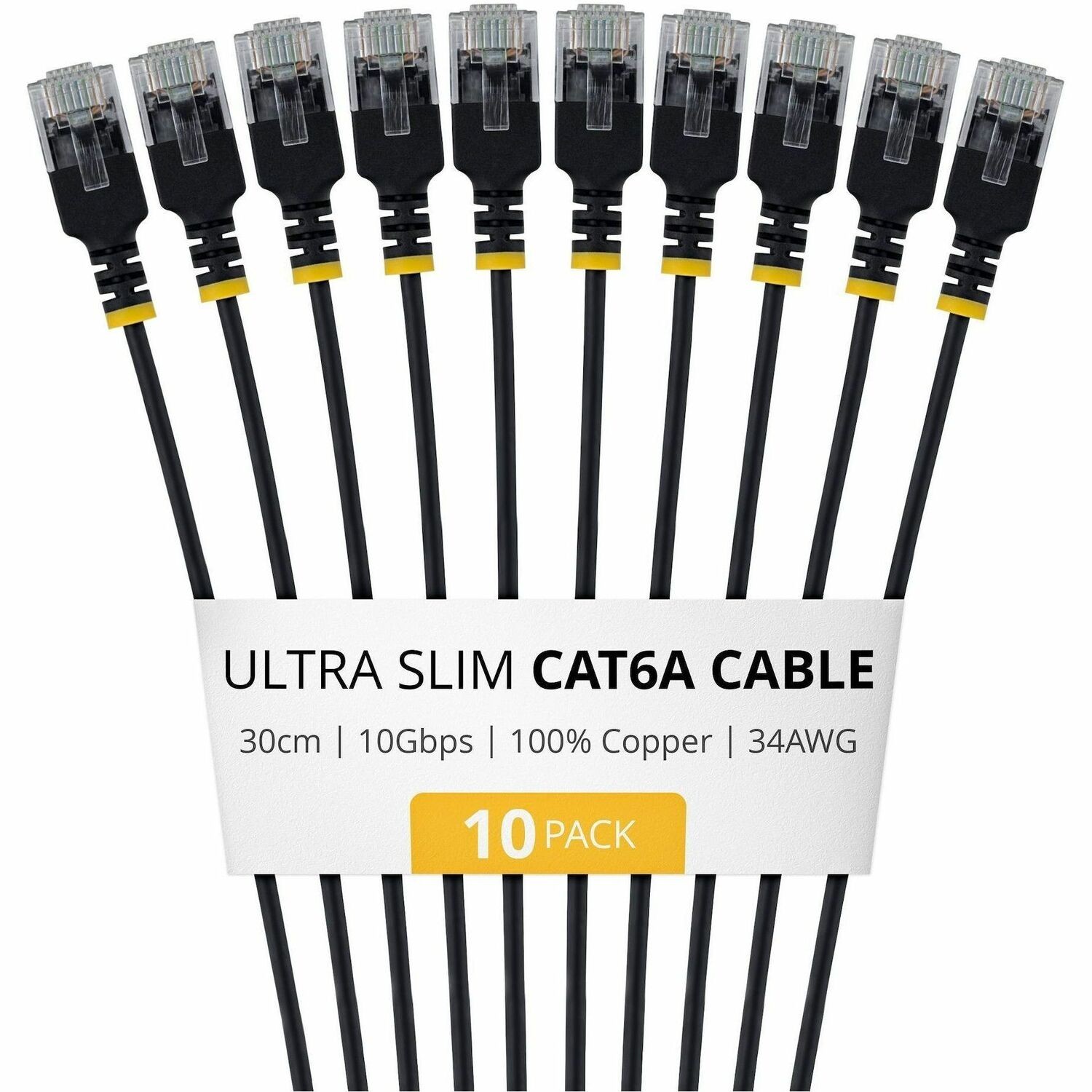 StarTech.com 30cm Ultradunne Cat6a Ethernet Kabel, Zwart, 10-Pack, UTP, 34AWG Pure Koperdraad, RJ45 Patchkabel