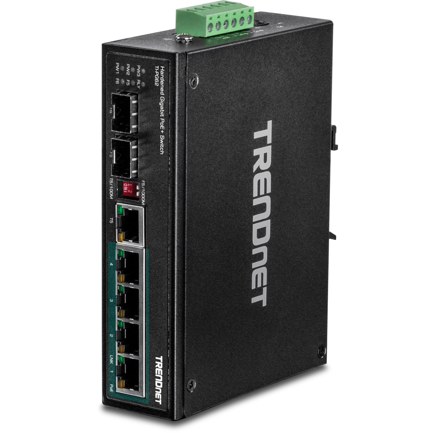 TRENDnet 6-Port Hardened Industrial Gigabit PoE+ DIN-Rail Switch, 4 x Gigabit PoE+ Ports, Shared Gigabit Port (RJ-45/SFP), Dedicated SFP, 120W Power Budget, IP30, Lifetime Protection, Black, TI-PG62