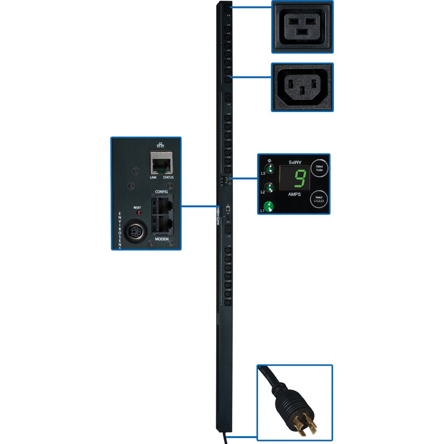 Tripp Lite by Eaton 5.7 kW 3-Phase Switched PDU, 208V Outlets (21 C13 & 3 C19), L15-20P, 10ft Cord, 0U Vertical