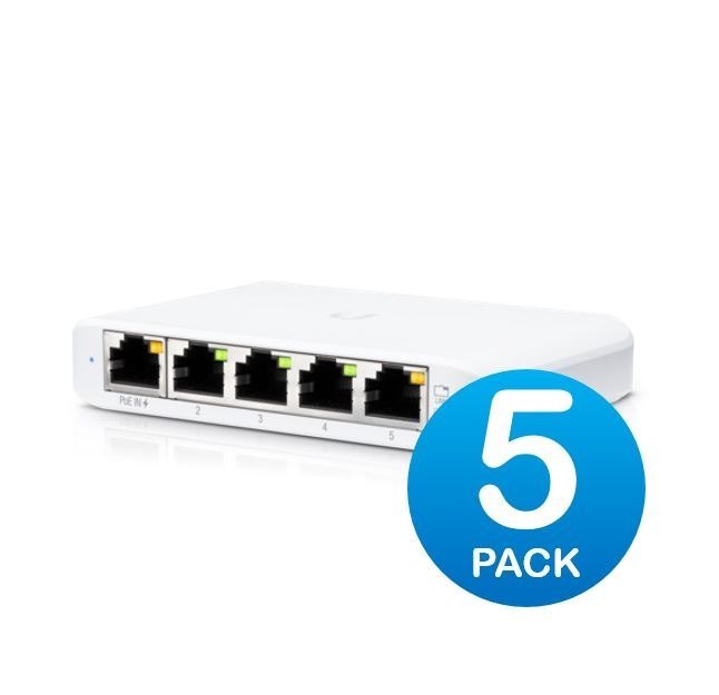 Ubiquiti Usw Flex Mini 5 Pack - Managed, UniFi, Layer 2 Gigabit Switch, 5X GbE RJ45 Ports, Powerable Via PoE (802.3Af) Or Usb Type-C 5V 1A, No Psu