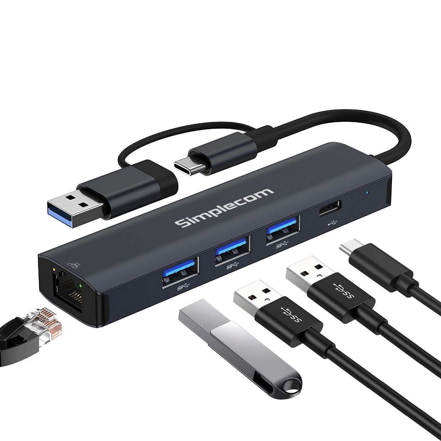 Simplecom CHN436 Usb-C And Usb-A To 4-Port Usb Hub With Gigabit Ethernet Adapter