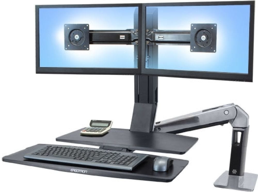 Ergotron WorkFit-A Dual With Worksurface+ Standing Desk - Bevestigingskit (Bureauklembevestiging, Flexibele Arm, 2 Draaiarmen, Toetsenbordplateau, Werkoppervlak)