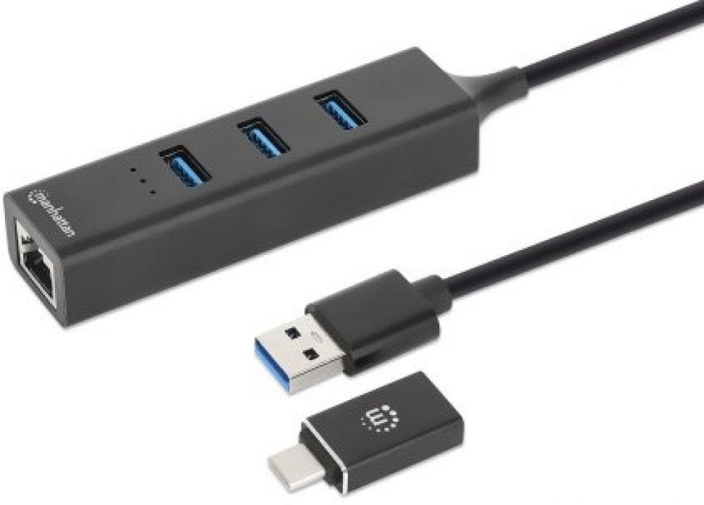Manhattan 3-Port Usb 3.0 Type-C/A Kombo-Hub + Netzwerkadapter