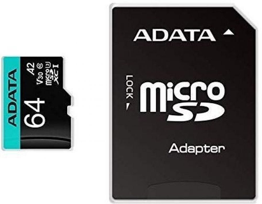 AData Flash Card Micro-SDXC 64GB Adata Premier Pro V30S Retail, W/Adapter, Black/Blue, R/100;W/75