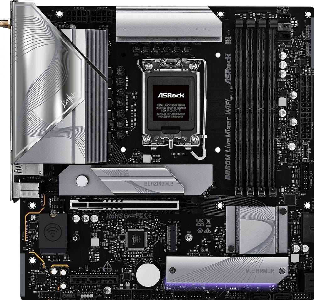 ASRock B860M LiveMixer WiFi ‑ Moederbord ‑ M-Atx - Lga 1851 ‑ Intel B860 Chipset ‑ DDR5‑256 GB ‑ 2.5 Gb Lan & Wi‑Fi 6E ‑ 3× M.2 Sleuven ‑ Hdmi 2.1 & Thunderbolt 4