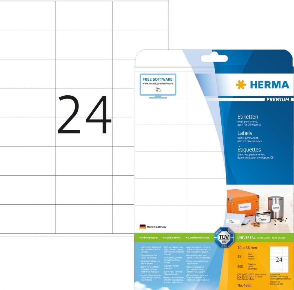 Herma 4360 Etiketten Wit 70X36 Premium A4 600 ST.
