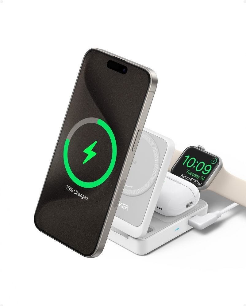Anker MagGo Magnetic Wireless Charger 15W Foldable 3-In-1 With Charger Bundle White Eu Plug