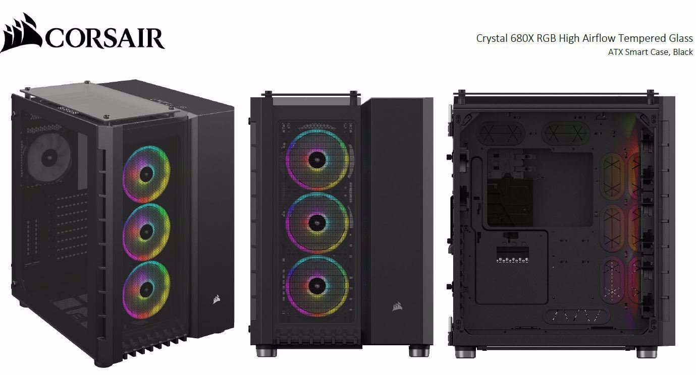 Corsair Crystal 680X RGB Computer Case - Micro ATX, ATX Motherboard Supported - Mid-tower - Steel, Tempered Glass, Plastic - Black