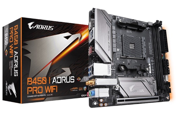 Gigabyte B450 I Aorus Pro Wifi Bluetooth Amd Ryzen Gen3 Am4 Mini-ITX MB 2xDDR4 1xPCIE 1xM.2 DP Hdmi Raid Intel GbE Lan 4xSATA 8xUSB3.1 2xUSB2.0 RGB Fu