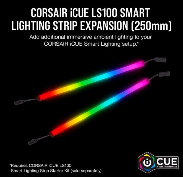 Corsair Icue LS100 Smart Lighting Strip Expansion Kit -2X 250MM Addressable Led Strip, RGB Ext Cable, Adhesive Tape, Cable Clips. 2 Years Warranty.