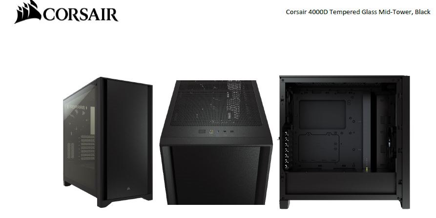 Corsair Carbide Series 4000D Solid Steel Front Atx Tempered Glass Black, 2X 120MM Fans Pre-Installed. Usb 3.0 X 2, Audio I/O. Case