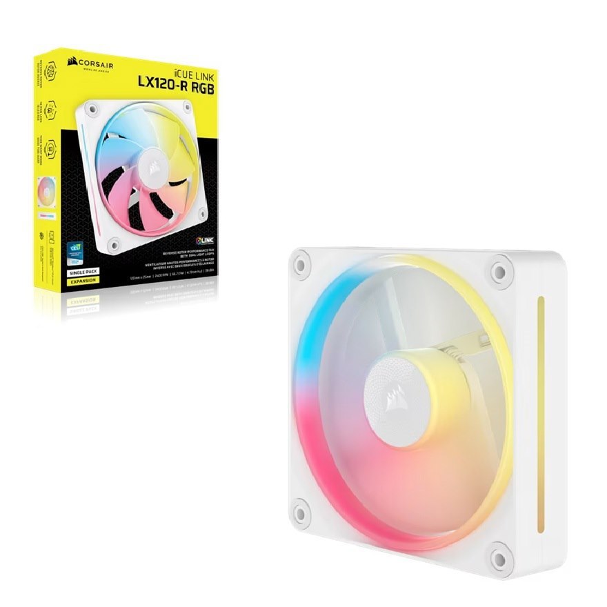 Corsair Icue Link LX120‑R RGB 120 MM PWM Reverse Fan Expansion Single Pack – White: 66.7 CFM, 2400 RPM, 37.7 dBA, 0.4 A,Static Pressure, Magnetic Dome