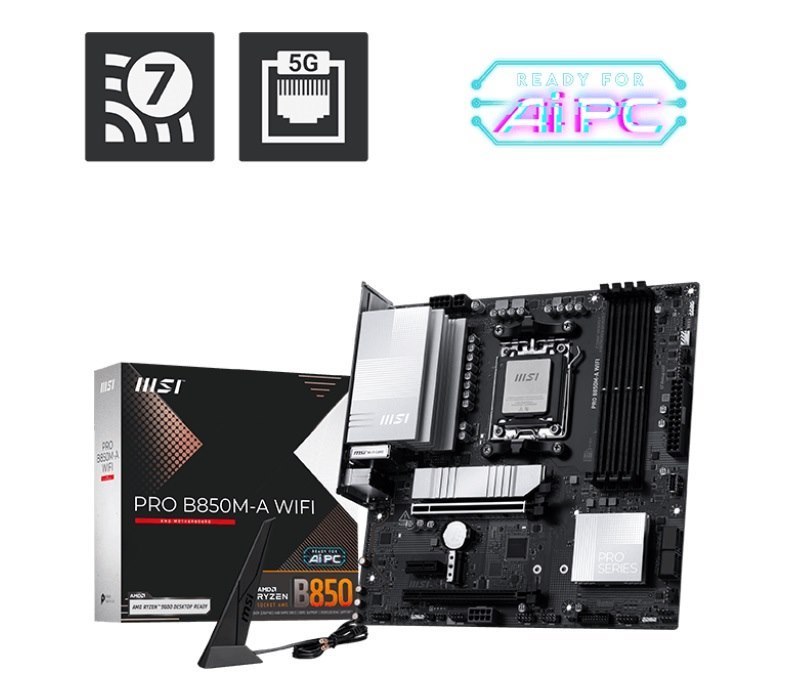 Msi Pro B850m-A Wifi, Am5, 4X DDR5 256GB, 1X Hdmi, 1X Pci-E X16 Slot, 3X M.2,4X Usb2.0, 3X Usb C, Wi-Fi 7