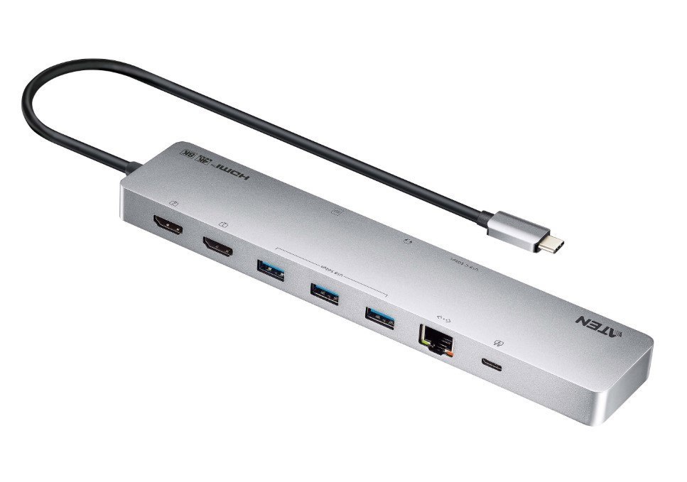 Aten 11-In-1 Usb-C Multiport Dock With Power Pass-Through, 2X Hdmi, 2X Usb-C (1 For Power Delivery & 1 For Data Transmission), 3X Usb Type-A, 1X SD, 1