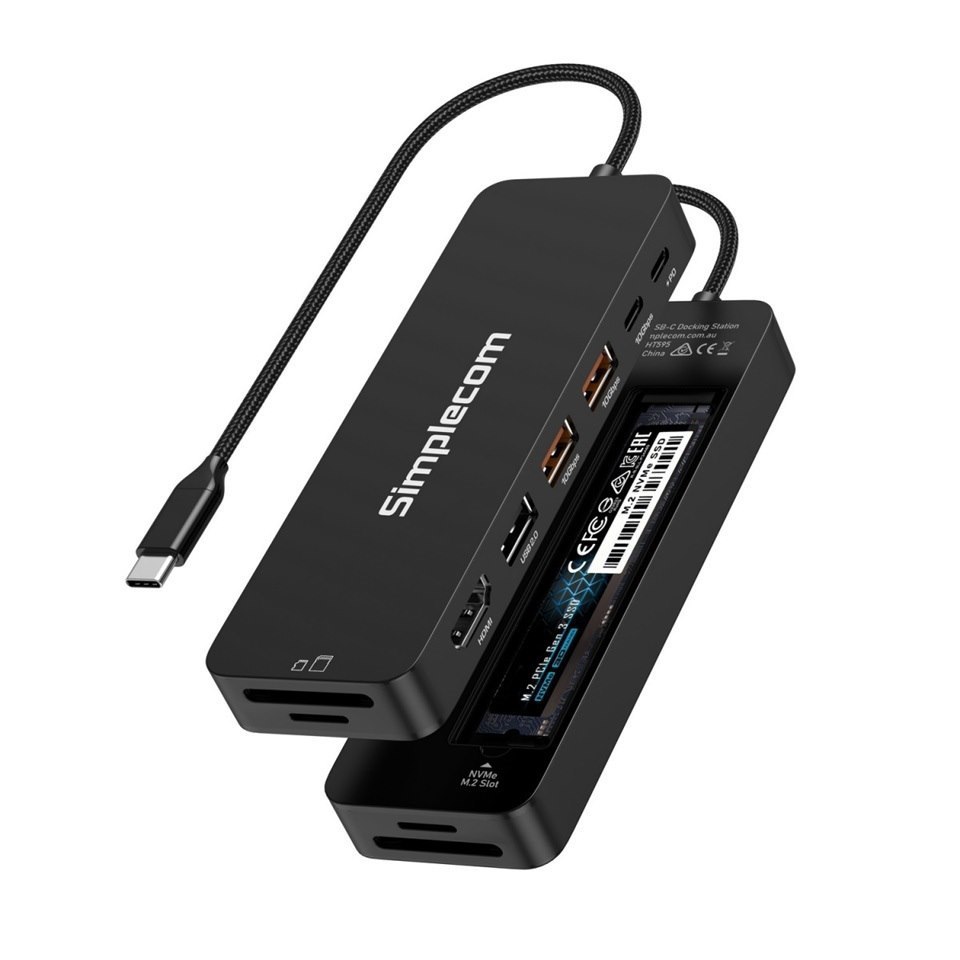 Simplecom CHT595 9-In-1 Usb-C Multiport Docking Station With NVMe M.2 Enclosure 2xUSB-A 10Gbps, Usb-C 10Gbps, Hdmi 2.0 4K@60Hz, SD/MicroSD, PD100W