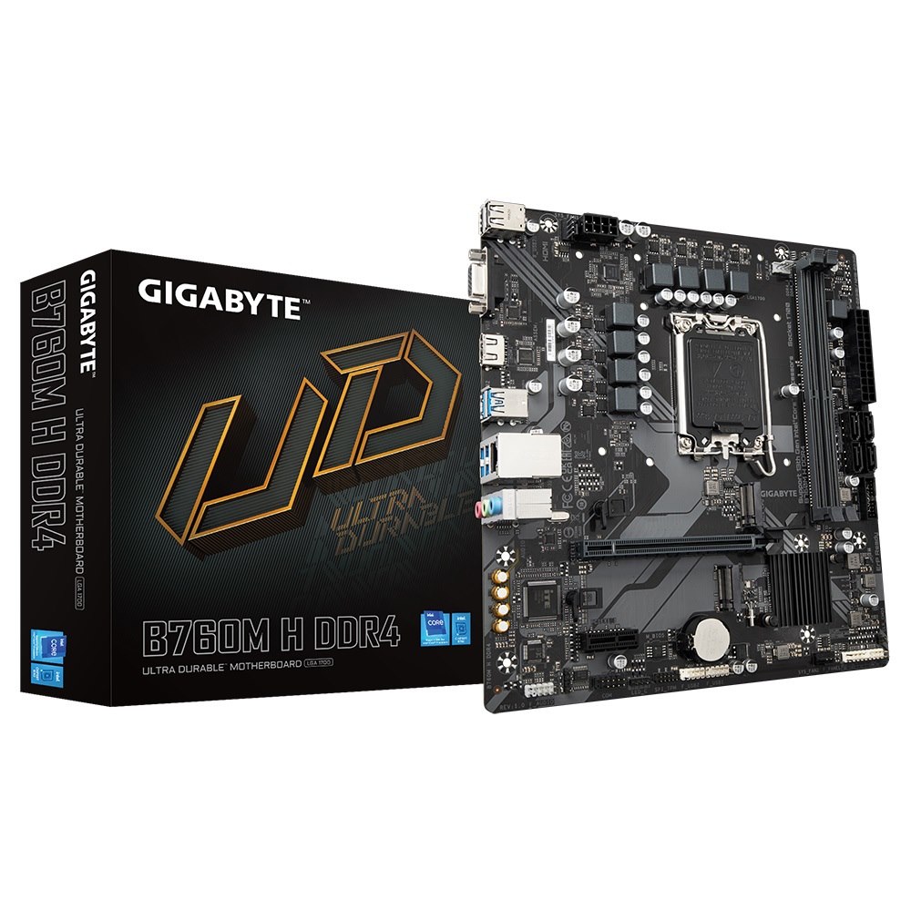 Gigabyte B760M H DDR4 Intel Lga 1700 M-Atx Motherboard, 4X DDR4 ~128GB, 2X Pci-E X16, 2X M.2, 4X Sata, 3X Usb 3.2, 2X Usb 2.0, 1X Type-C(NEED Update