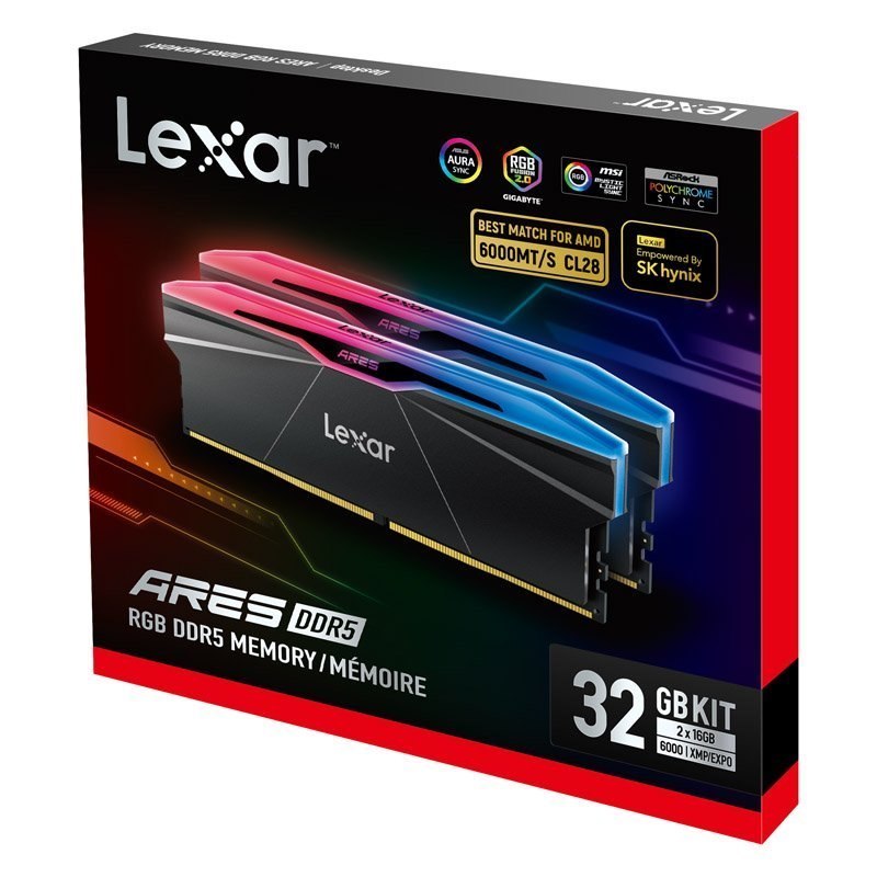 Lexar Ld5u16g60c28br-Rgd Ares 2ND Gen U-Dimm DDR5 6000 32GB Kit (16GB*2), CL28, RGB Black, Dual Pack